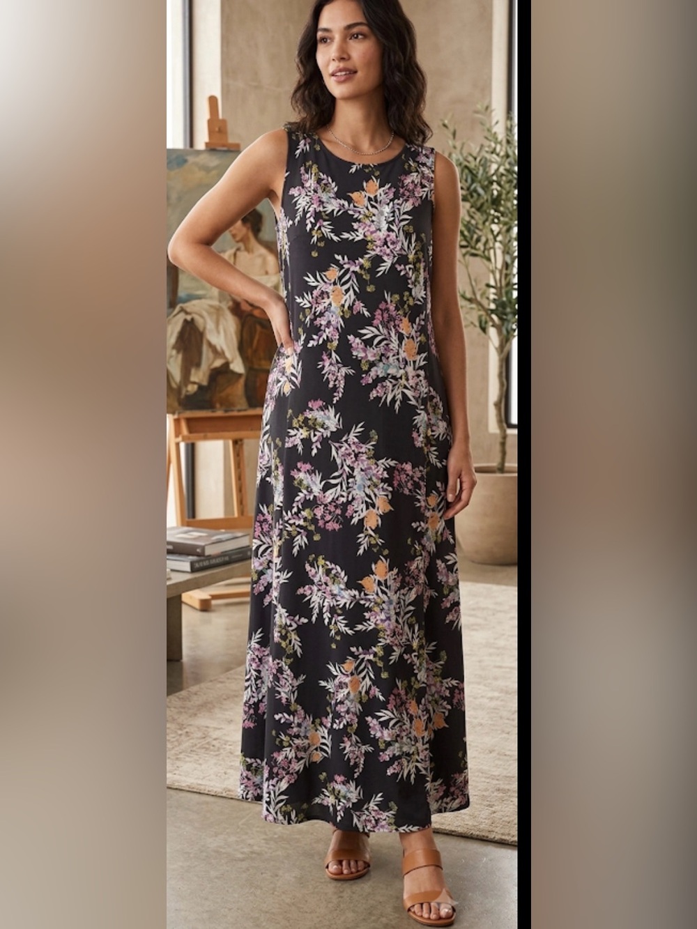 J. Jill Black Floral Scoop-Neck Maxi Dress